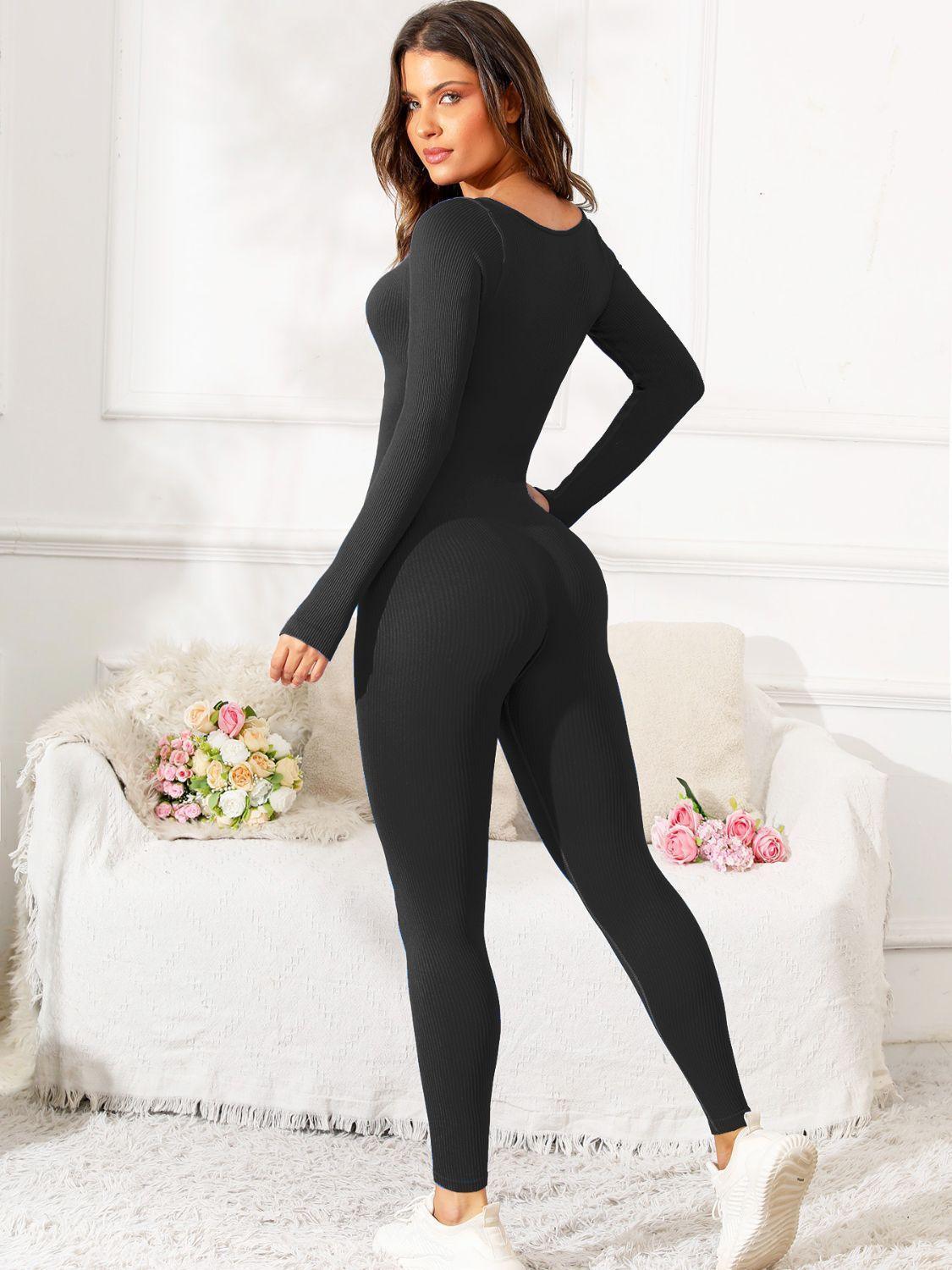 Scoop Neck Long Sleeve Active Jumpsuit - ClubOn