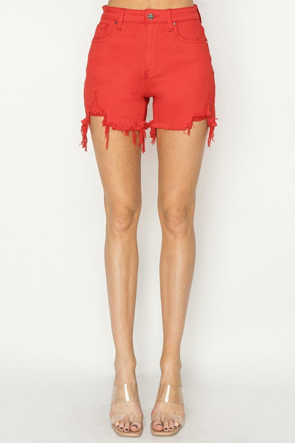 RISEN High Rise Distressed Denim Shorts - ClubOn
