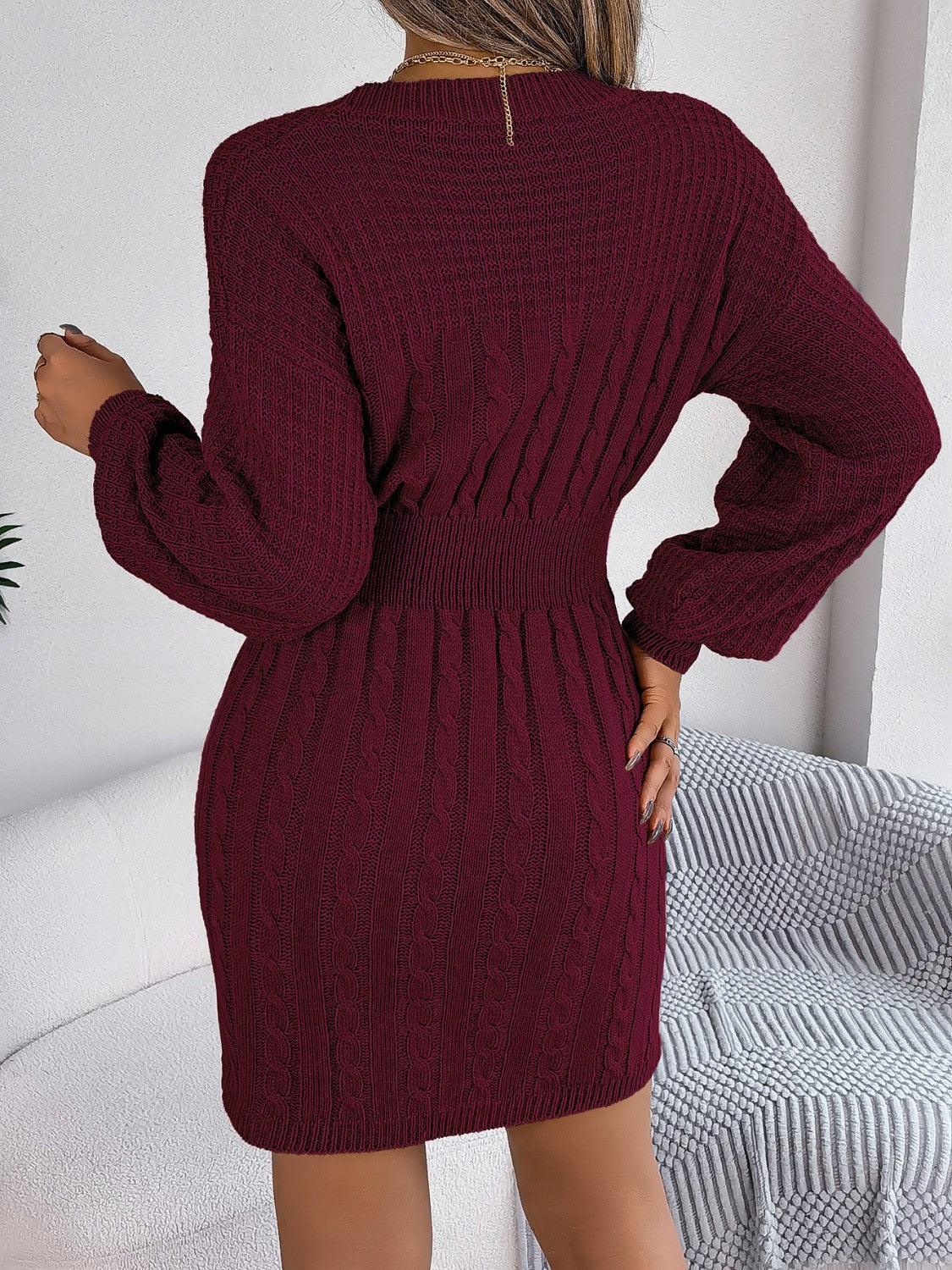Cable-Knit Cutout Round Neck Slit Sweater Dress - ClubOn