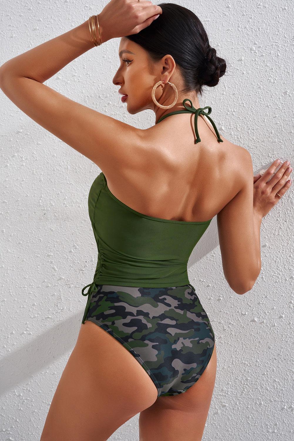 Drawstring Ruched Halter Neck Swim Top and Camouflage Bottoms Set - ClubOn