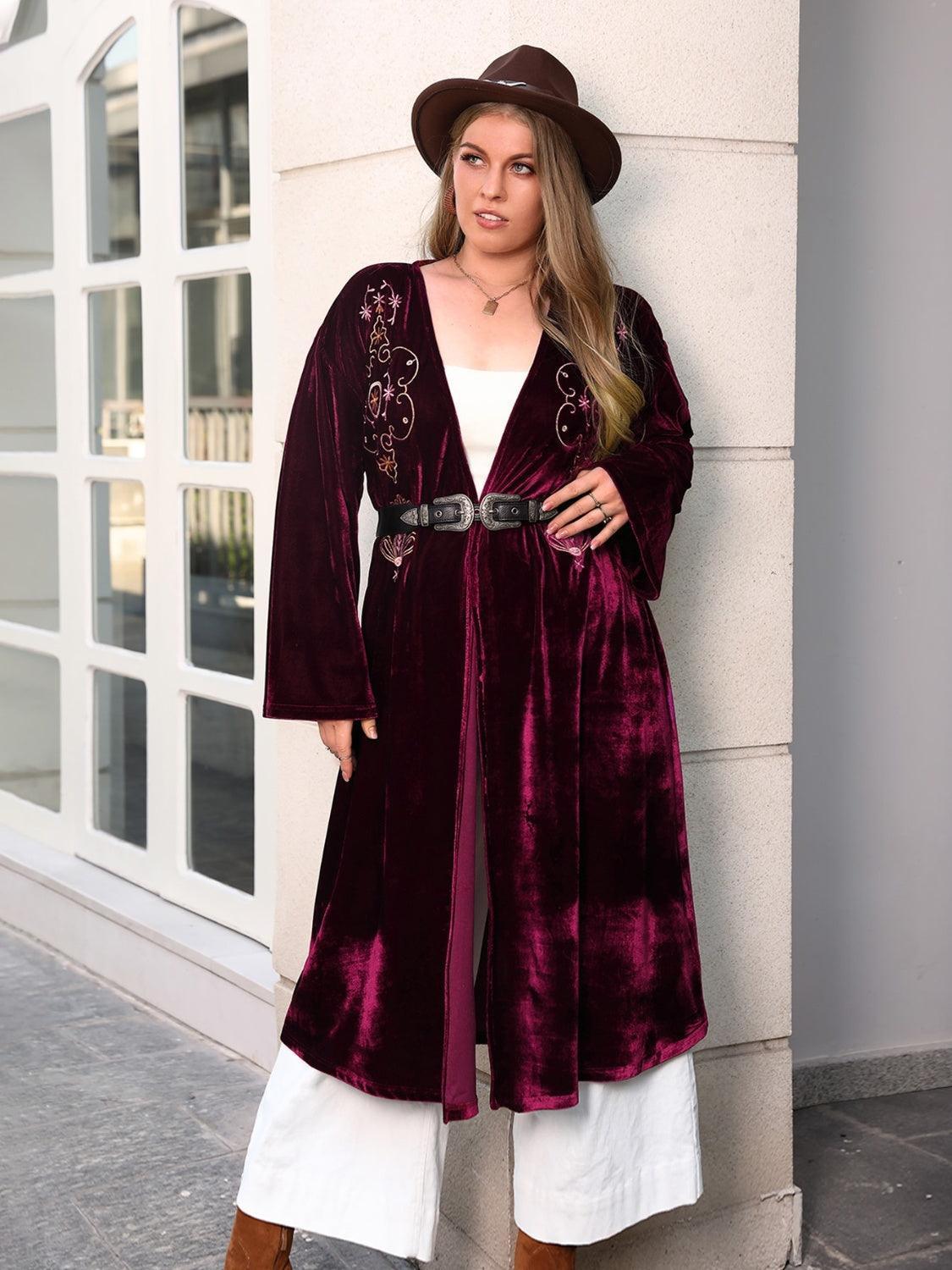 Plus Size Printed Open Front Long Sleeve Cardigan - ClubOn