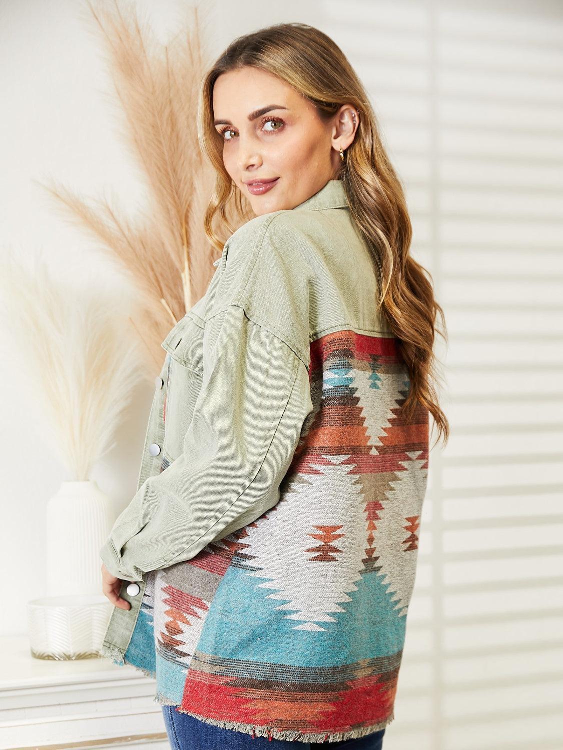 Dropped Shoulder Long Sleeve Printed Denim Jacket - ClubOn