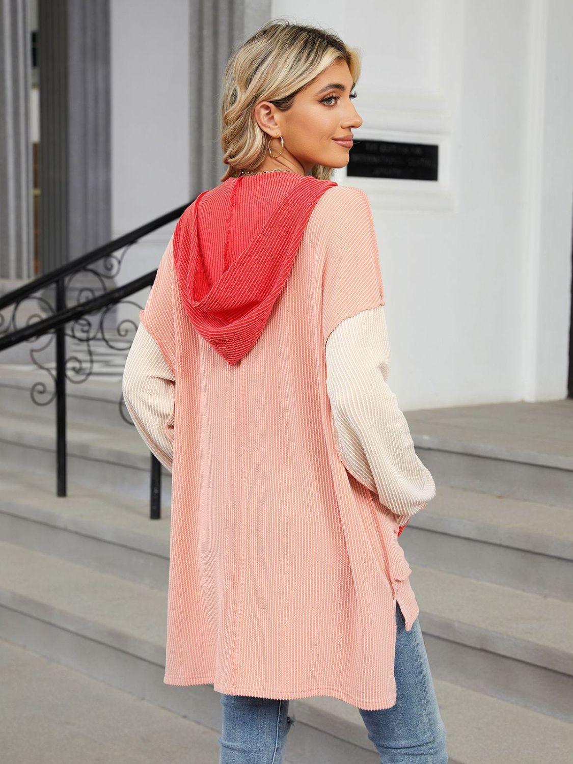 Double Take Contrast Hooded Long Sleeve Top - ClubOn