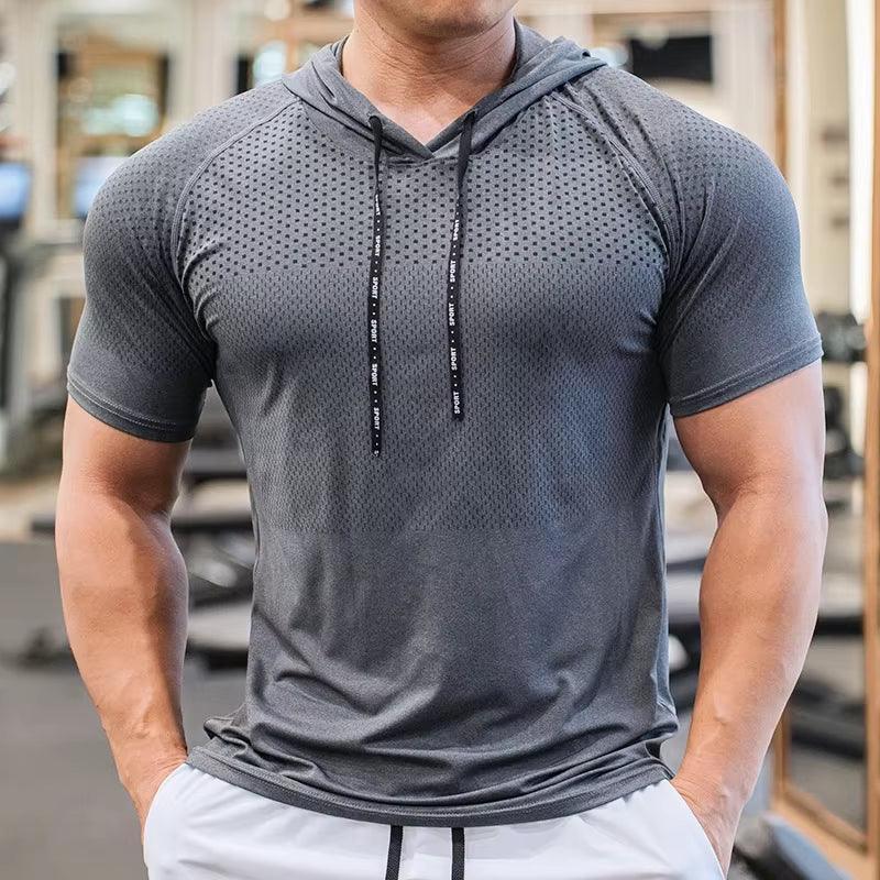 Men's Running Hoodie - Quick-Dry Short Sleeve Muscle Shirt for Gym & Fitness - ClubOn