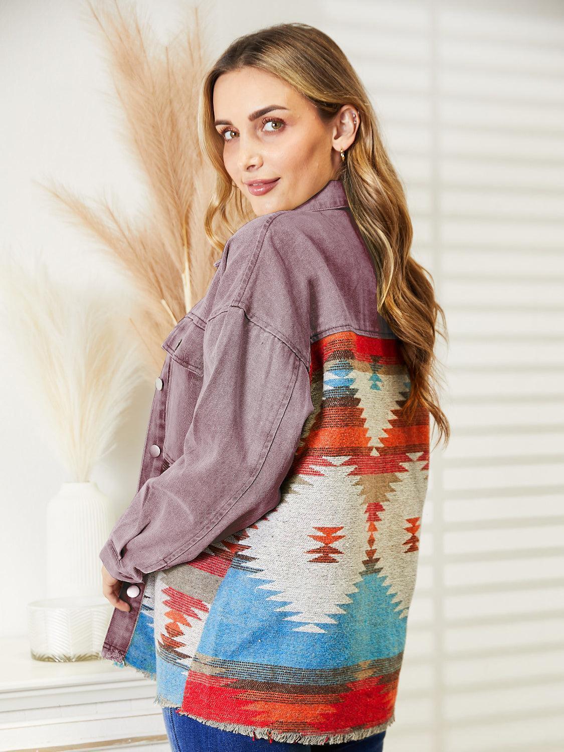 Dropped Shoulder Long Sleeve Printed Denim Jacket - ClubOn