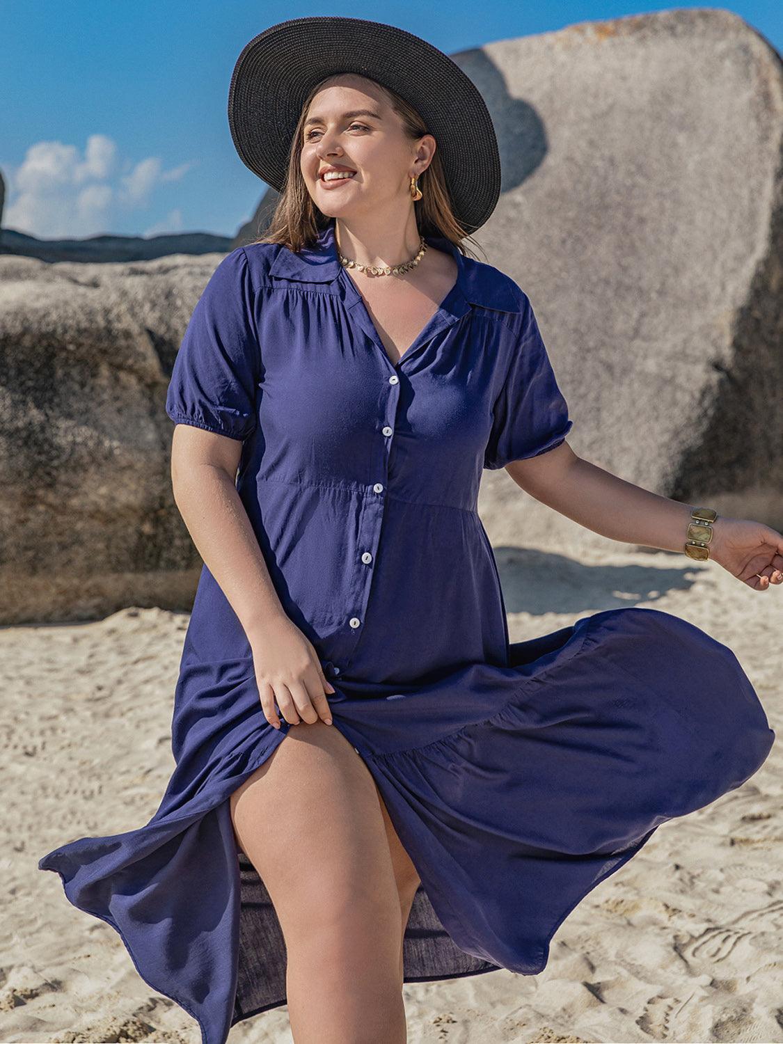 Plus Size Collared Neck Short Sleeve Midi Dress - ClubOn