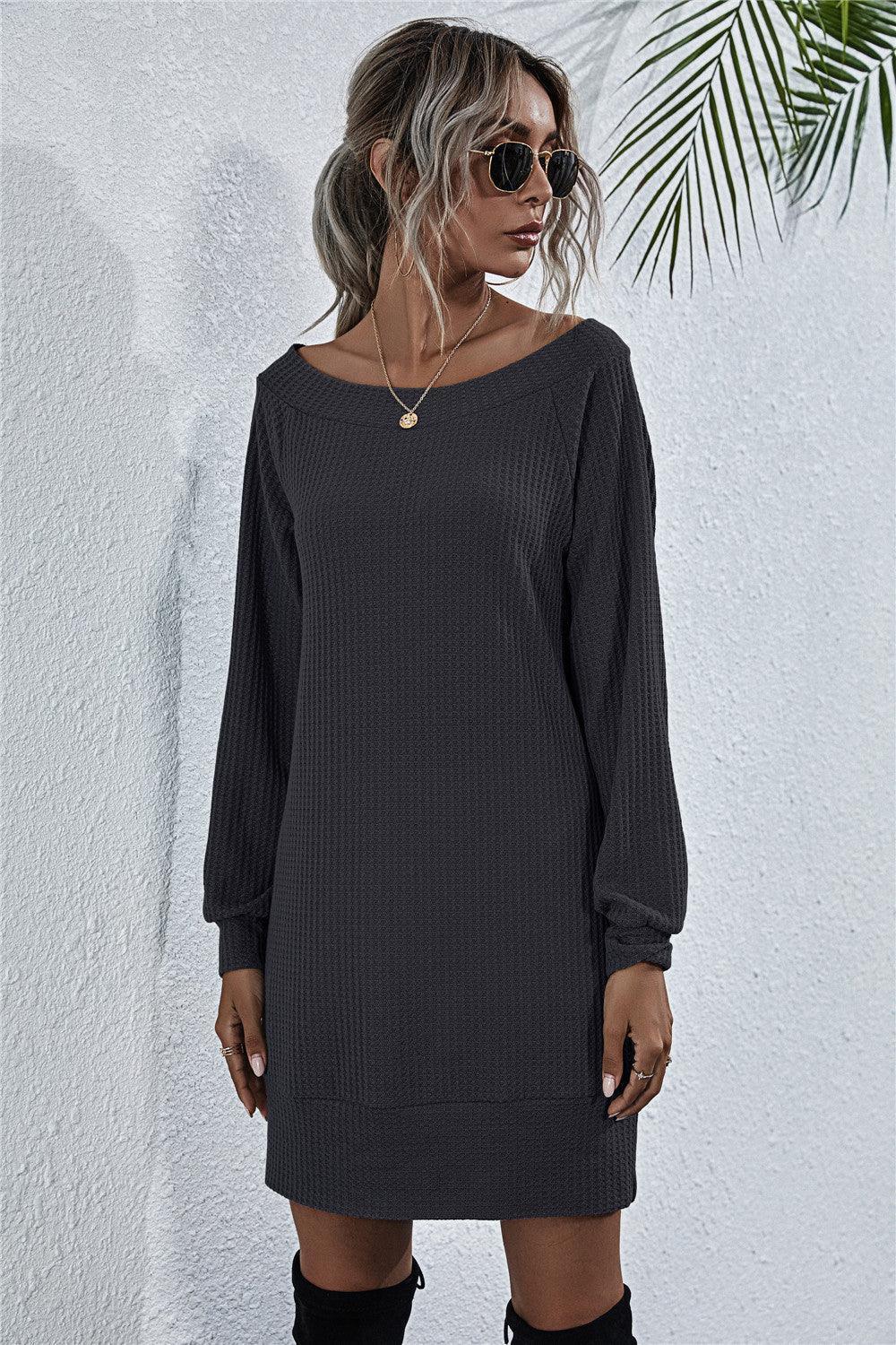 Waffle-Knit Boat Neck Mini Dress - ClubOn