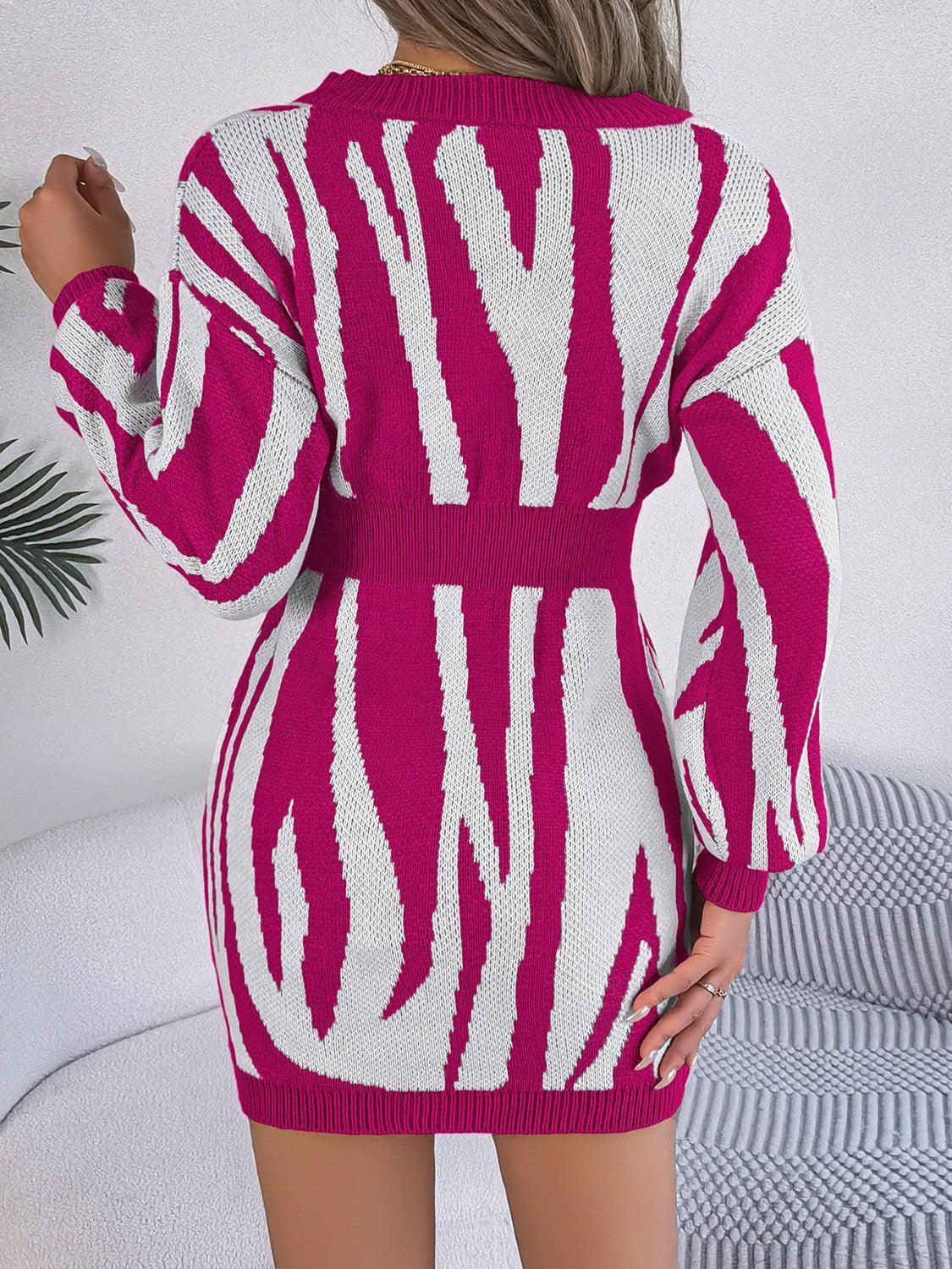 Animal Print V-Neck Long Sleeve Sweater Dress - ClubOn