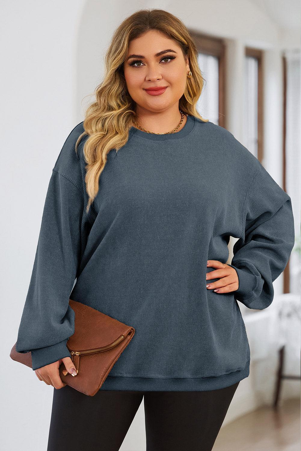 Plus Size Round Neck Dropped Shoulder Sweatshirt - ClubOn