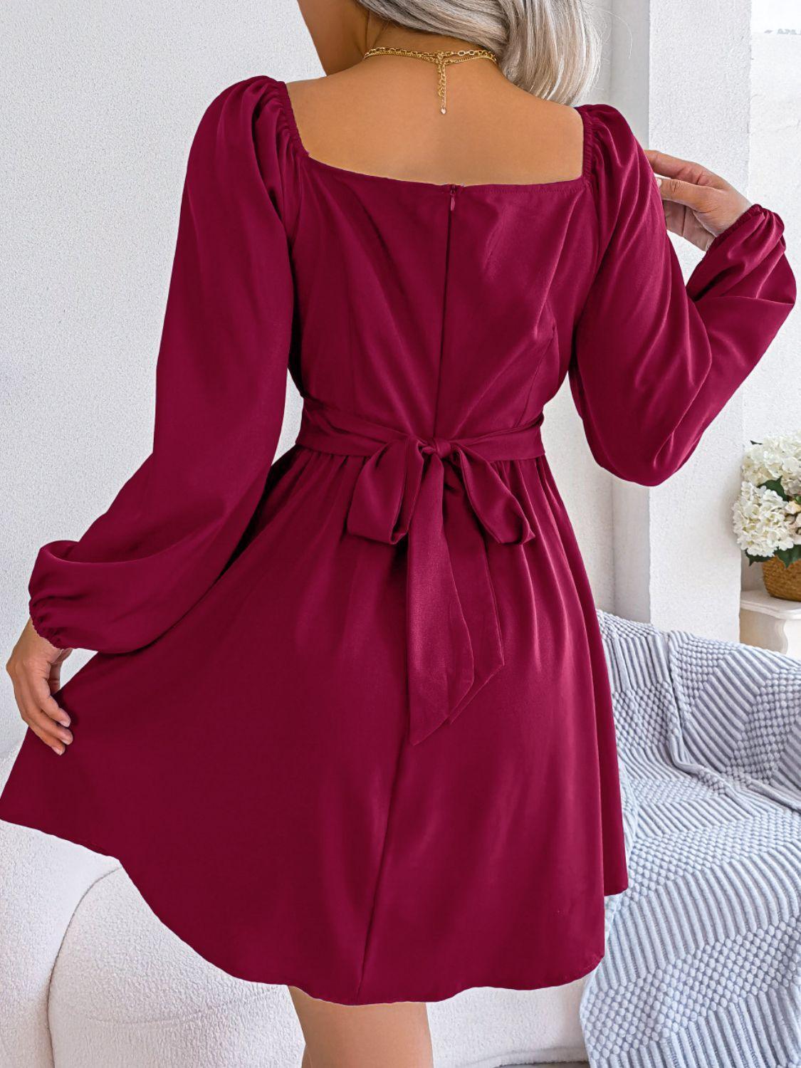 Tied Square Neck Balloon Sleeve Dress - ClubOn