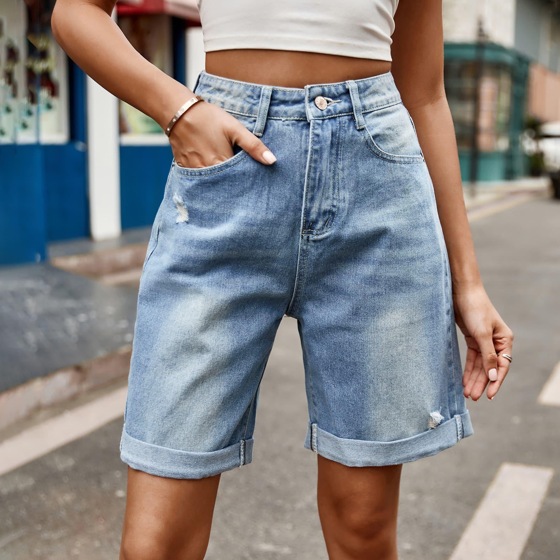 Distressed Buttoned Denim Shorts with Pockets - ClubOn