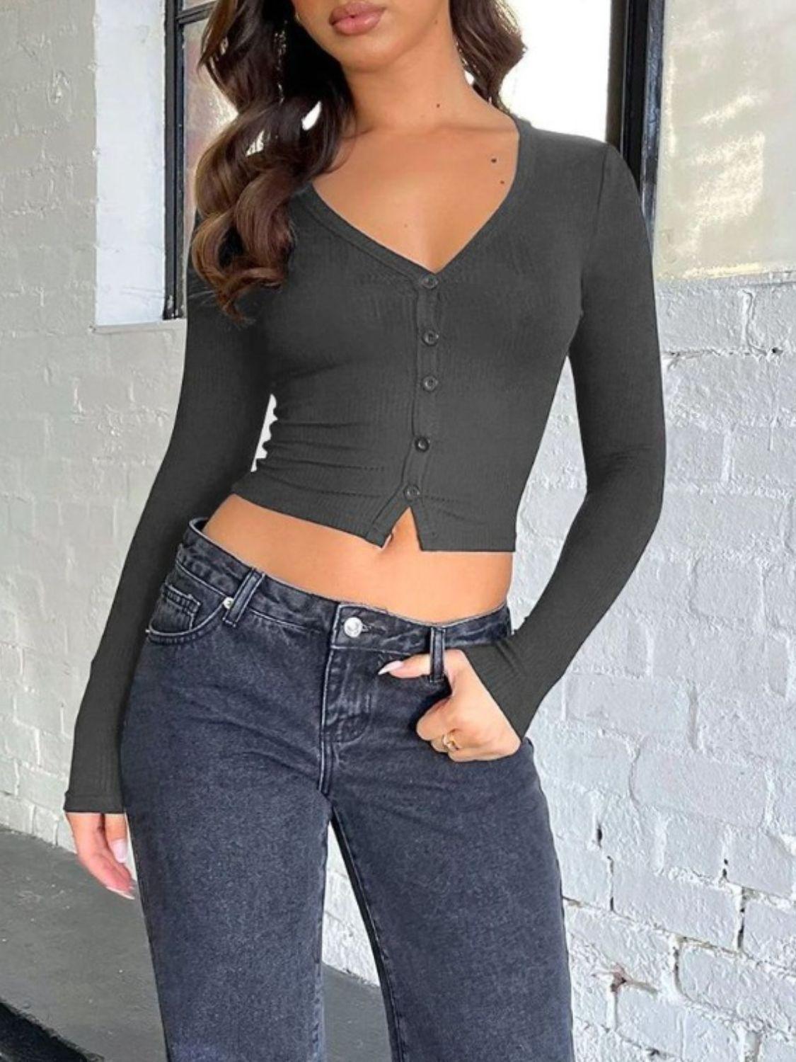 Buttoned V-Neck Long Sleeve T-Shirt - ClubOn