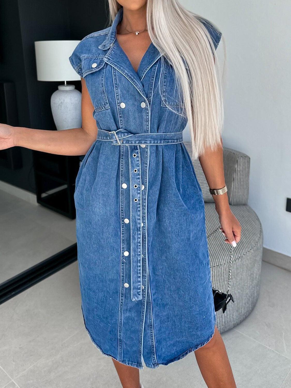 Collared Neck Cap Sleeve Denim Dress - ClubOn