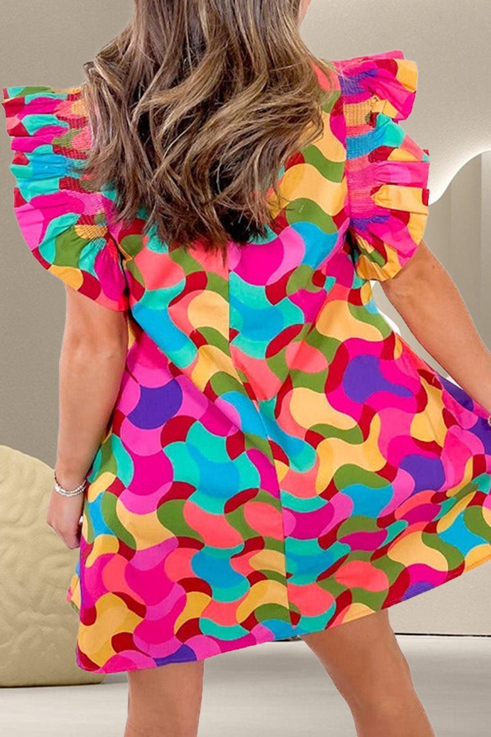 Contrast Print Round Neck Cap Sleeve Mini Dress - ClubOn