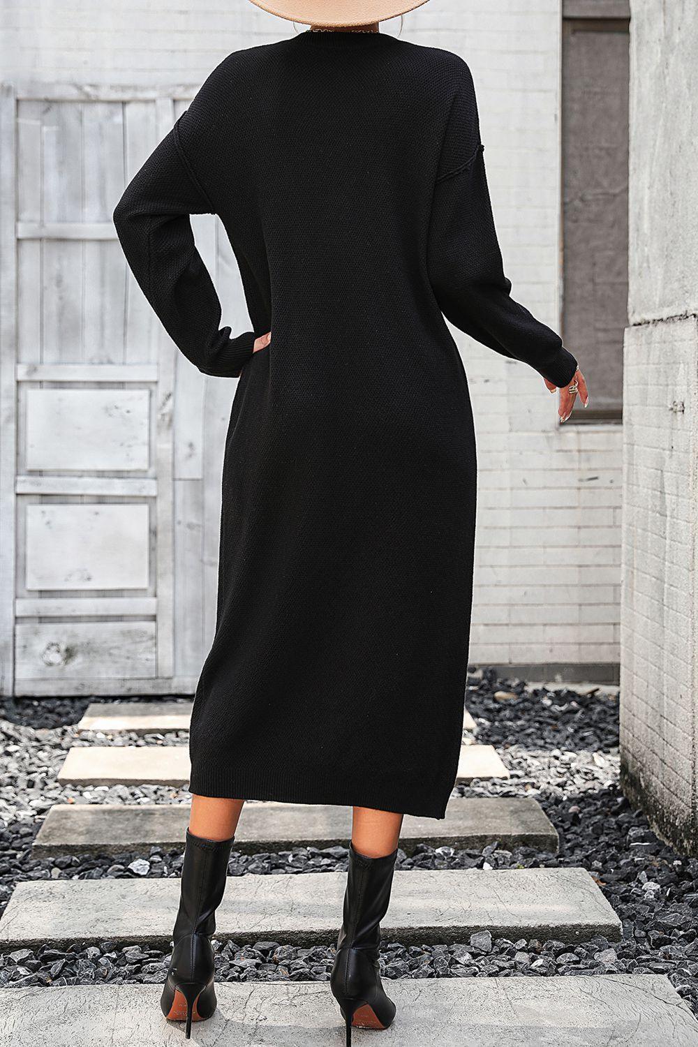Decorative Button Notched Dropped Shoulder Sweater Dress - ClubOn