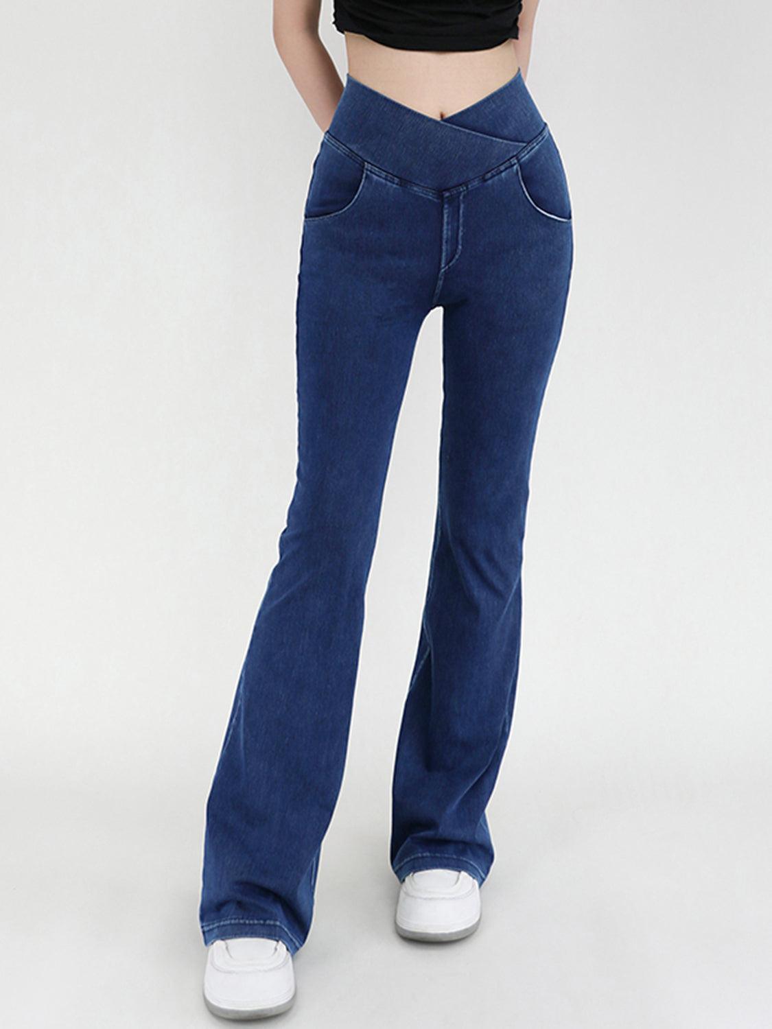 Wide Waistband Bootcut Jeans with Pockets - ClubOn