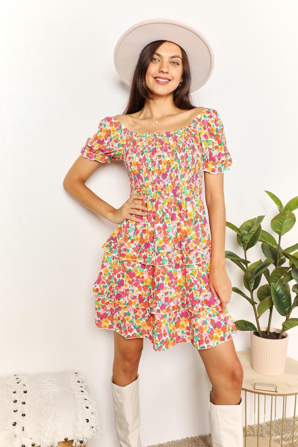 Devine Smocked Sweetheart Neck Flounce Sleeve Mini Dress - ClubOn