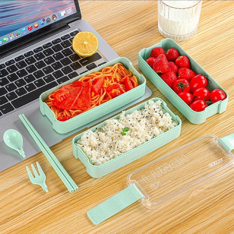 Three-Layer Wheat Straw Plastic Lunch Box with Tableware - ClubOn