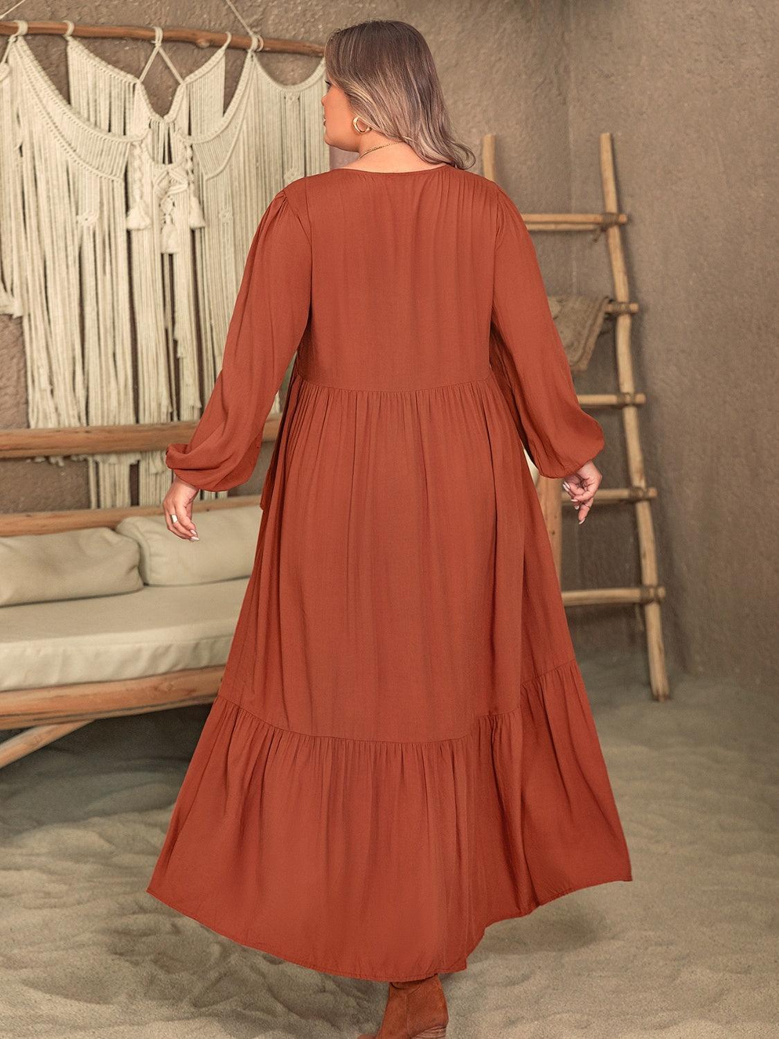 Plus Size Ruffled V-Neck Balloon Sleeve Dress - ClubOn