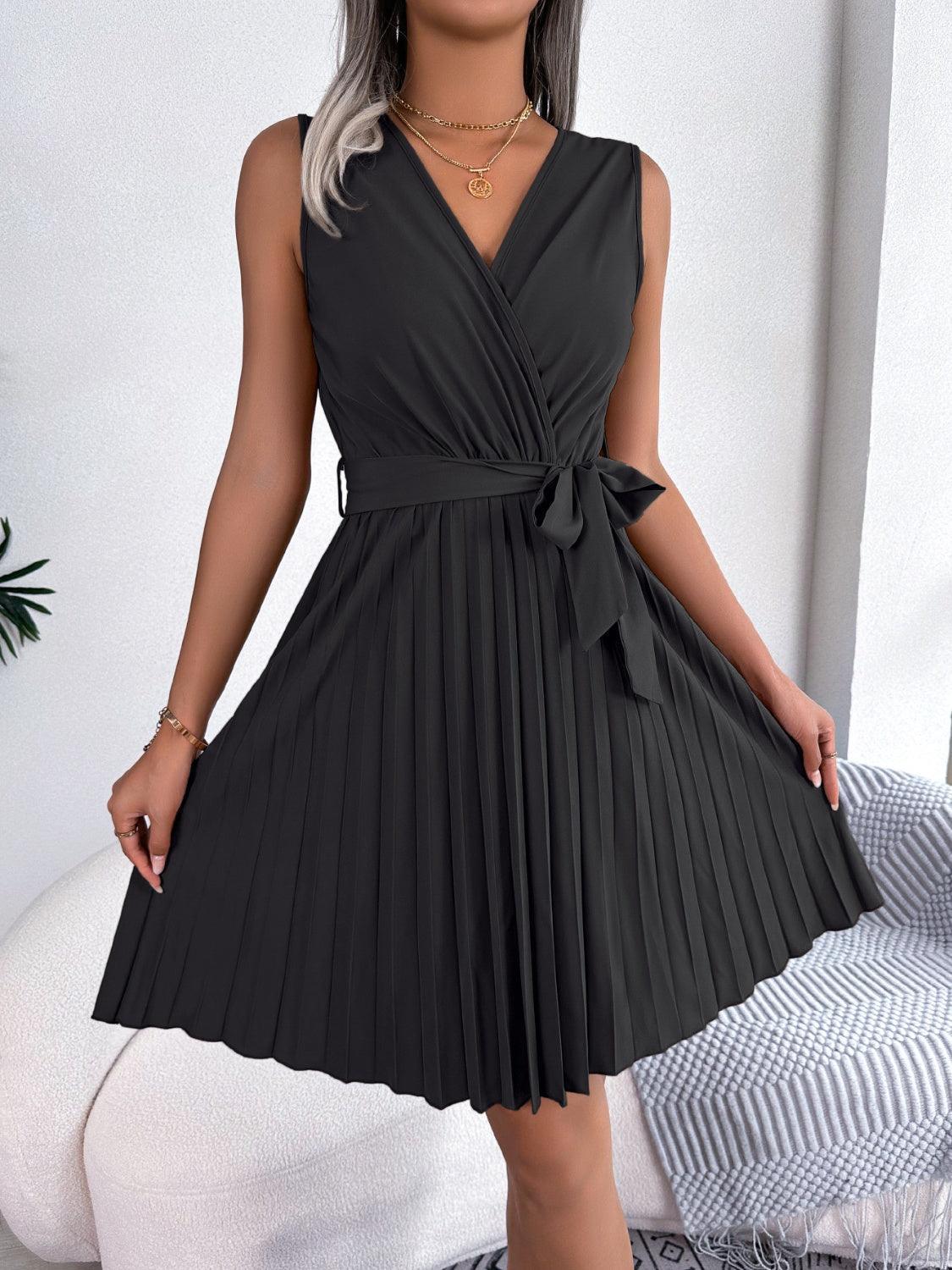 Tied Surplice Sleeveless Pleated Dress - ClubOn