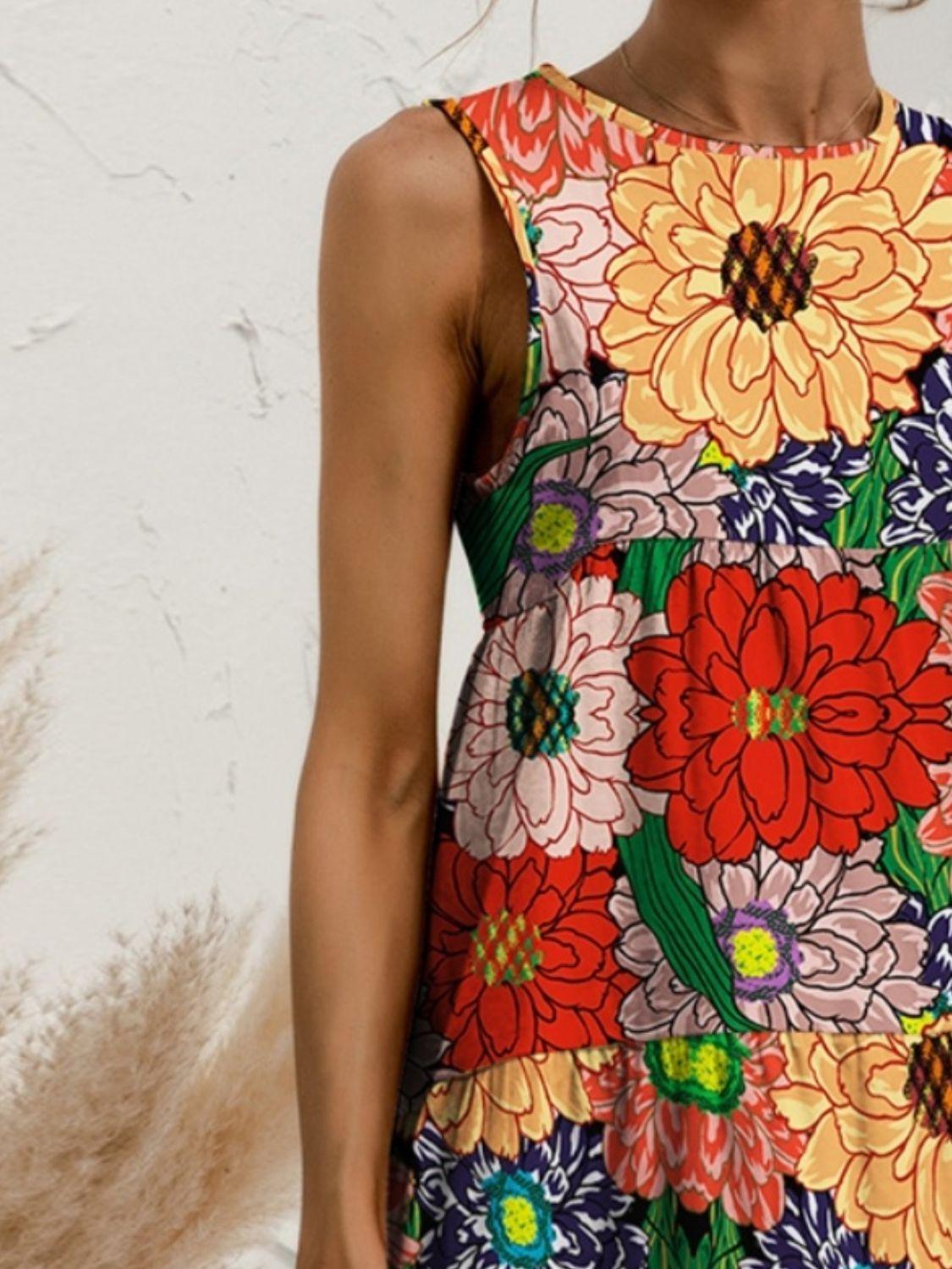 FAM-FAM Tiered Printed Round Neck Sleeveless Dress - ClubOn