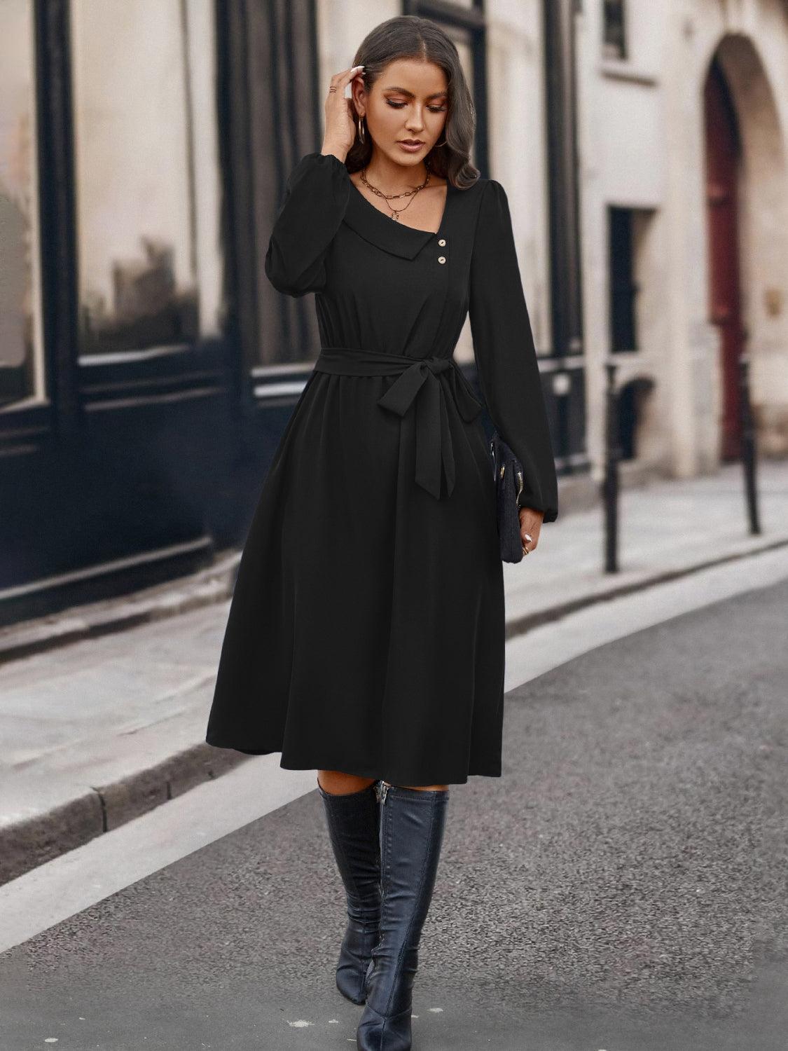 Buttoned Tie Front Long Sleeve Asymmetrical Neck Dress - ClubOn