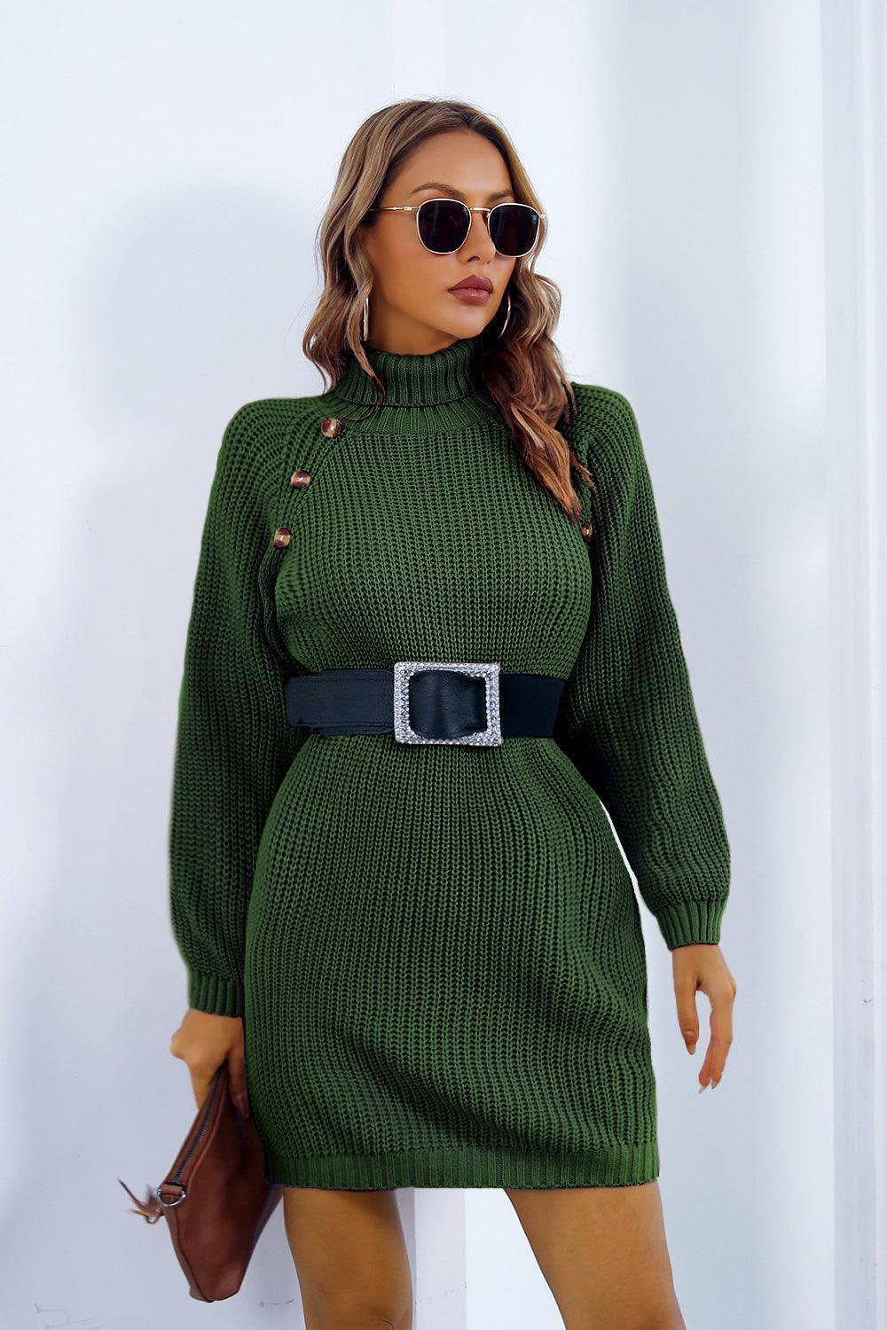 Buttoned Turtleneck Long Sleeve Sweater Dress - ClubOn