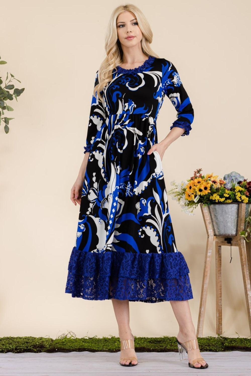 Celeste Full Size Paisley Print Lace Ruffled Midi Dress - ClubOn