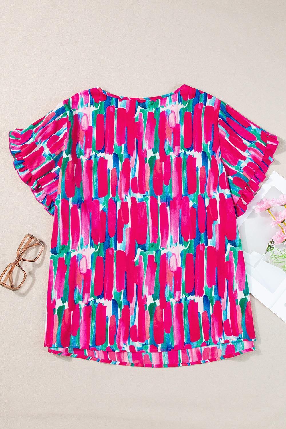 Plus Size Printed Round Neck Petal Sleeve Blouse - ClubOn