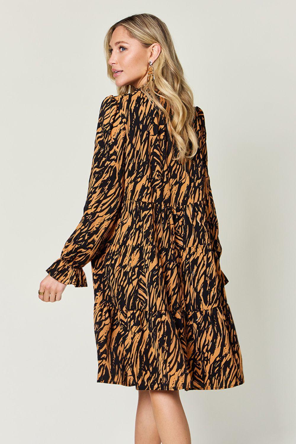 Double Take Full Size Printed Ruffle Hem Long Sleeve Dress - ClubOn