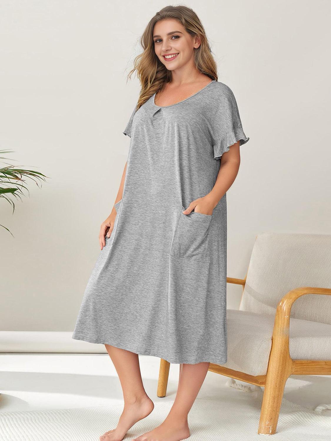 Plus Size Round Neck Short Sleeve Lounge Dress - ClubOn