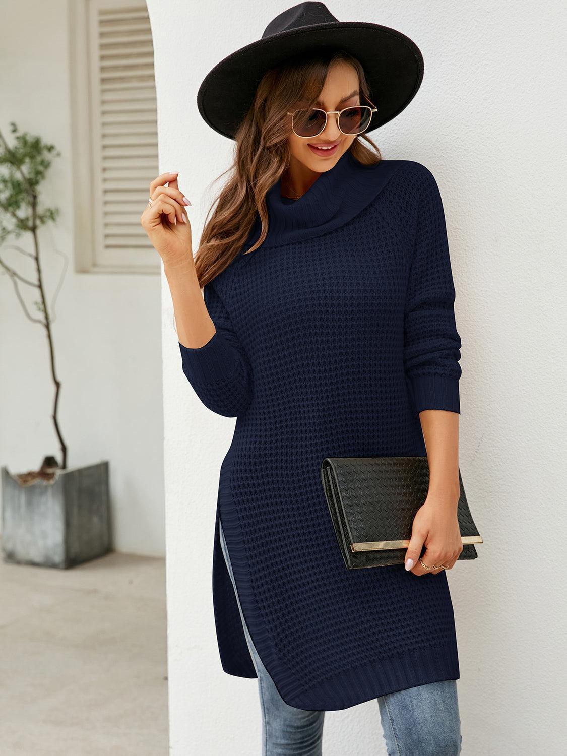 Turtleneck Waffle-Knit Slit Sweater Dress - ClubOn