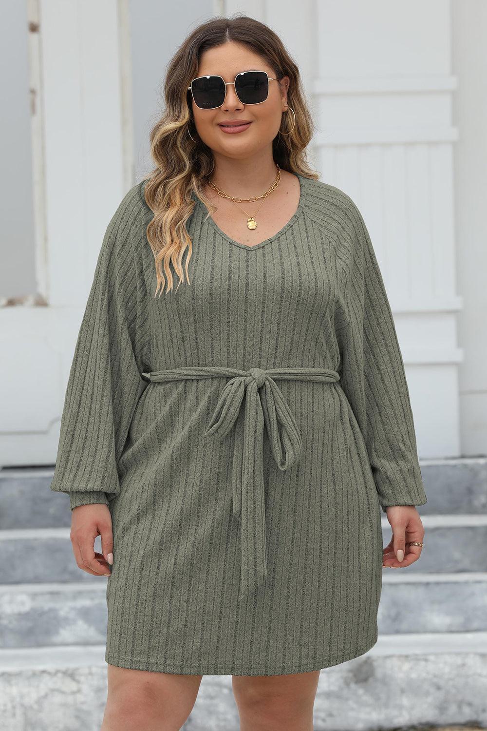 Plus Size Ribbed Tie Front Long Sleeve Sweater Dress - ClubOn