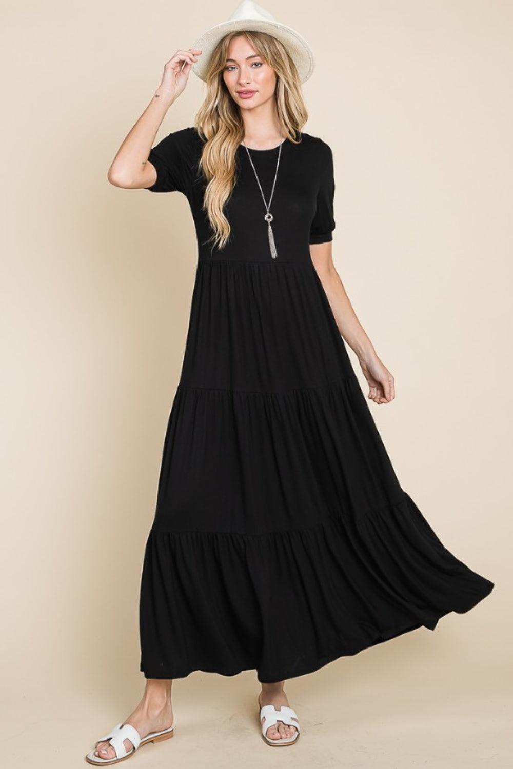 BOMBOM Short Sleeve Tiered Maxi Dress - ClubOn
