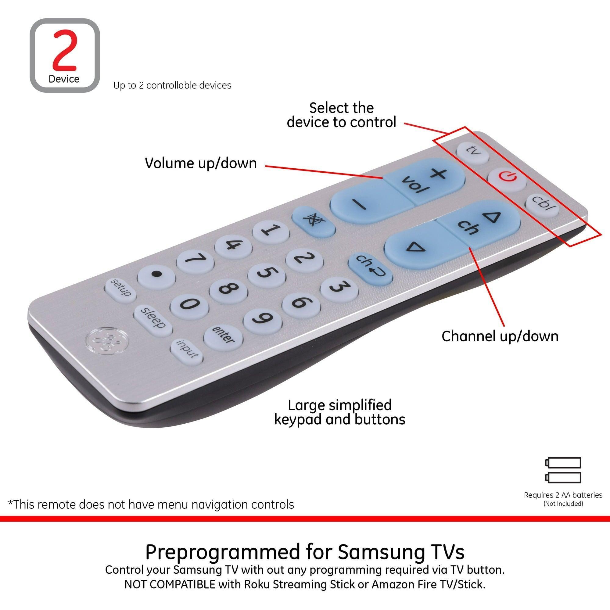 GE 2-Device Big Button Universal TV Remote Control – Easy-to-Use Silver, Model 69882 - ClubOn