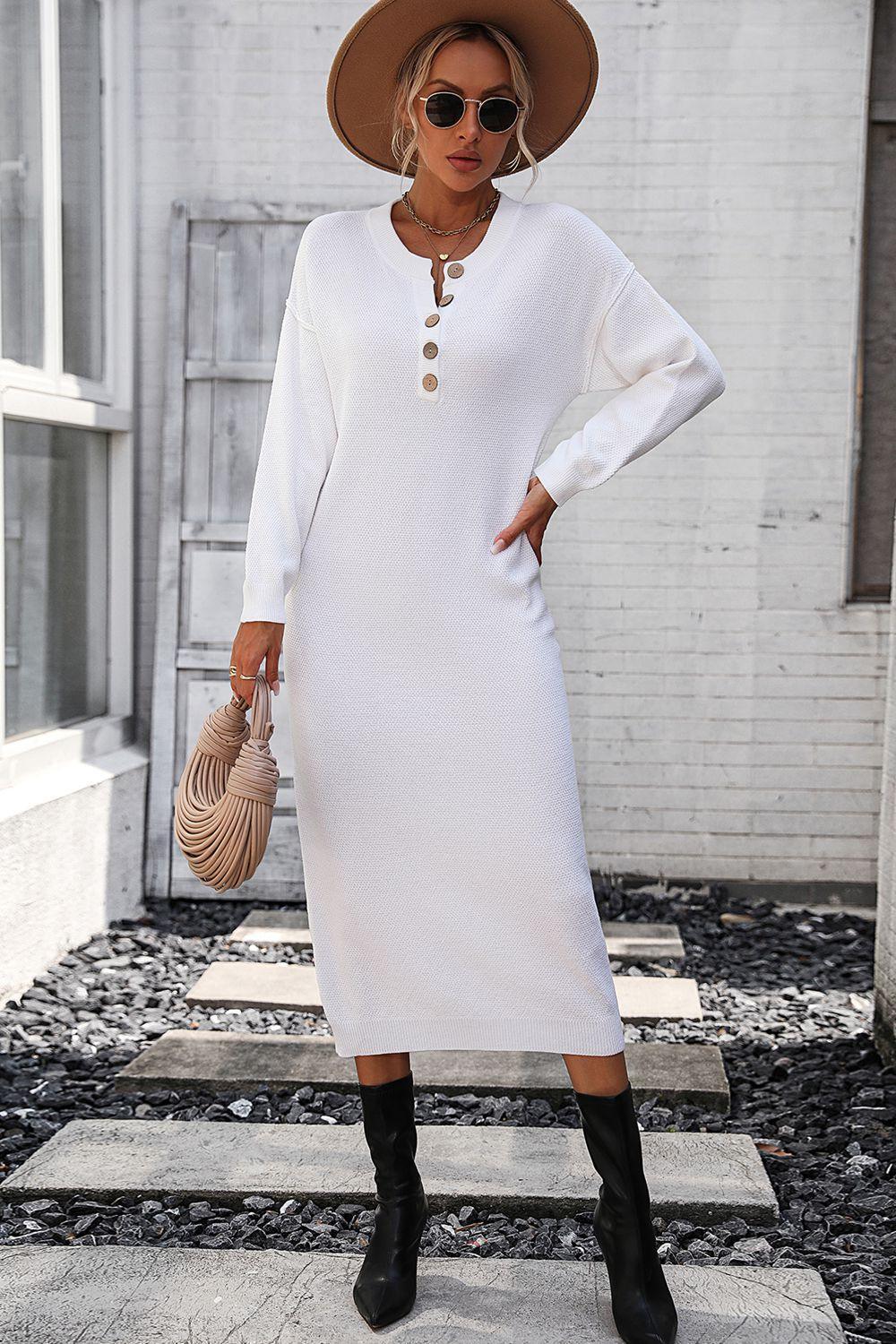 Decorative Button Notched Dropped Shoulder Sweater Dress - ClubOn