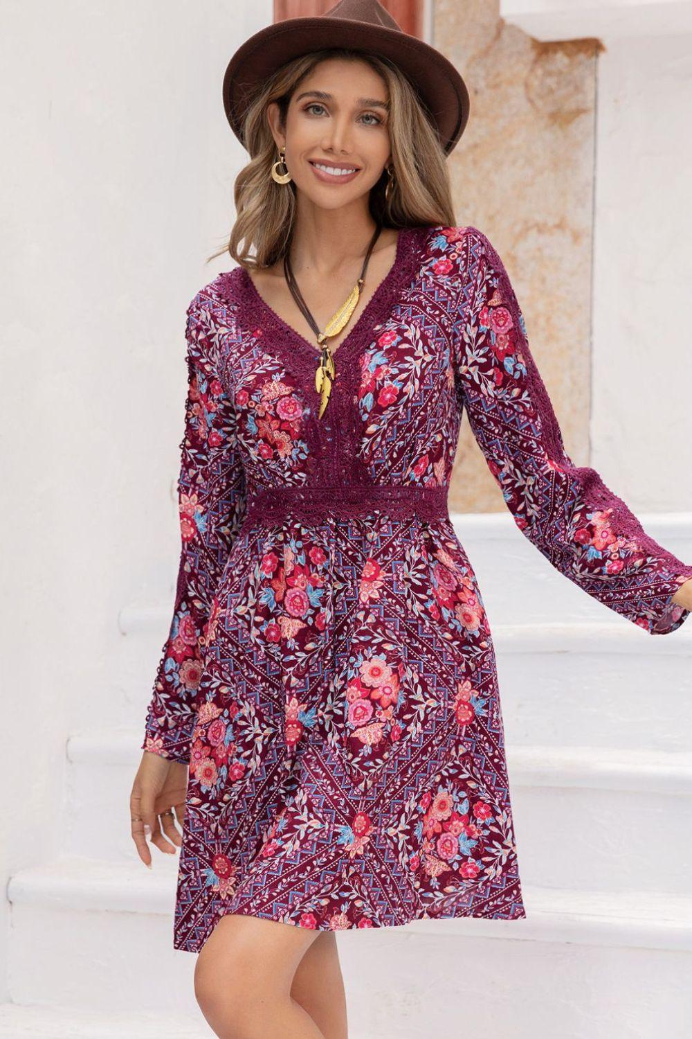 V-Neck Long Sleeve Printed Mini Dress - ClubOn