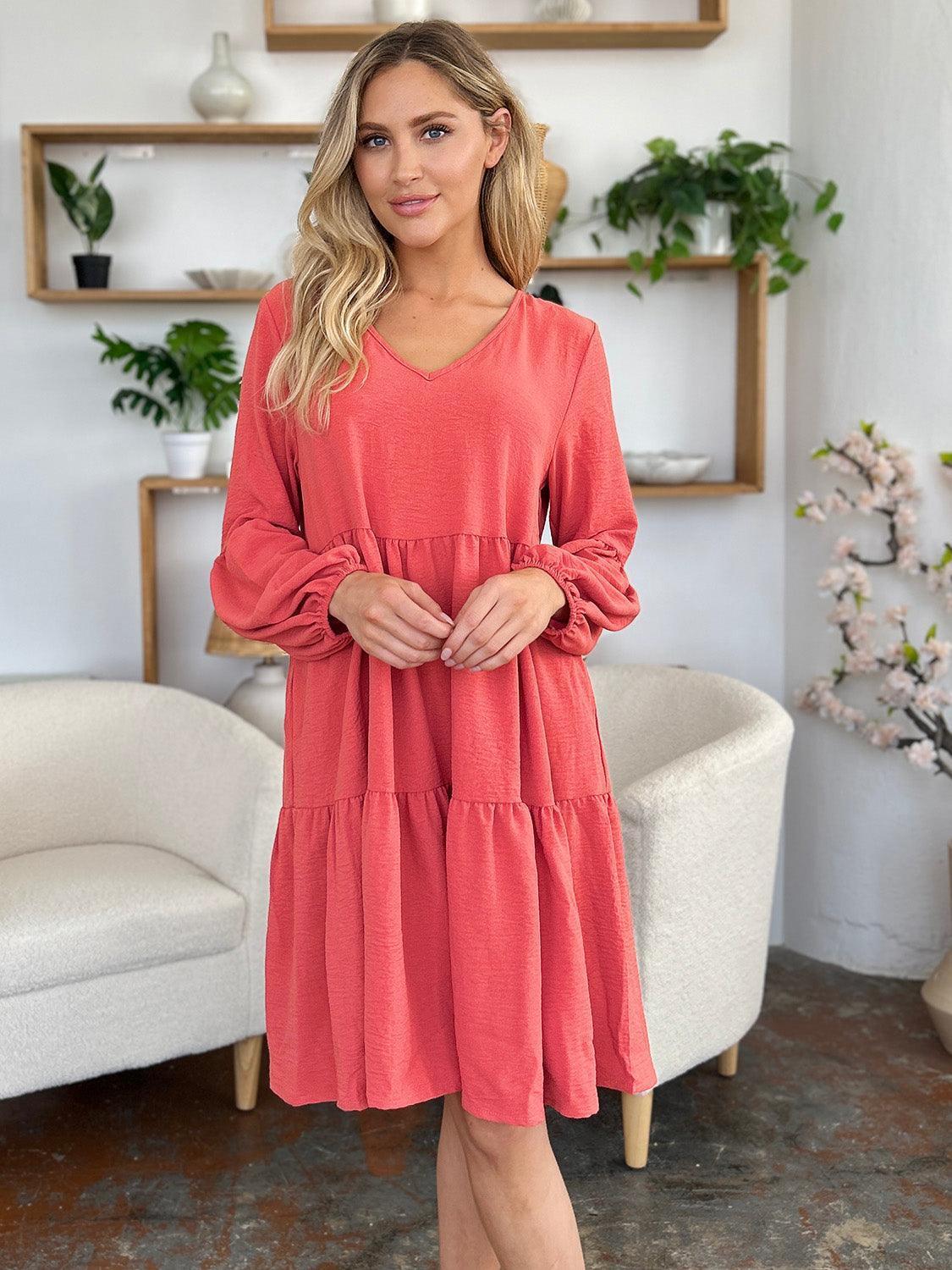Double Take Full Size V-Neck Balloon Sleeve Tiered Dress with Pockets - ClubOn
