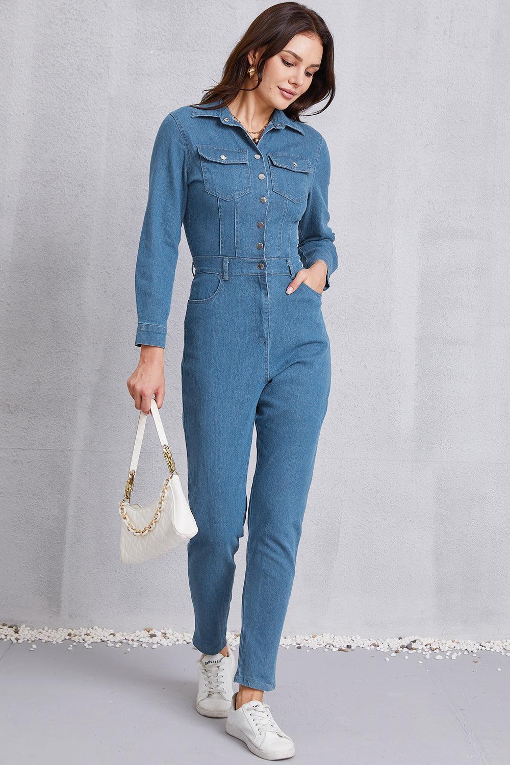 Snap Down Denim Jumpsuit with Pockets - ClubOn