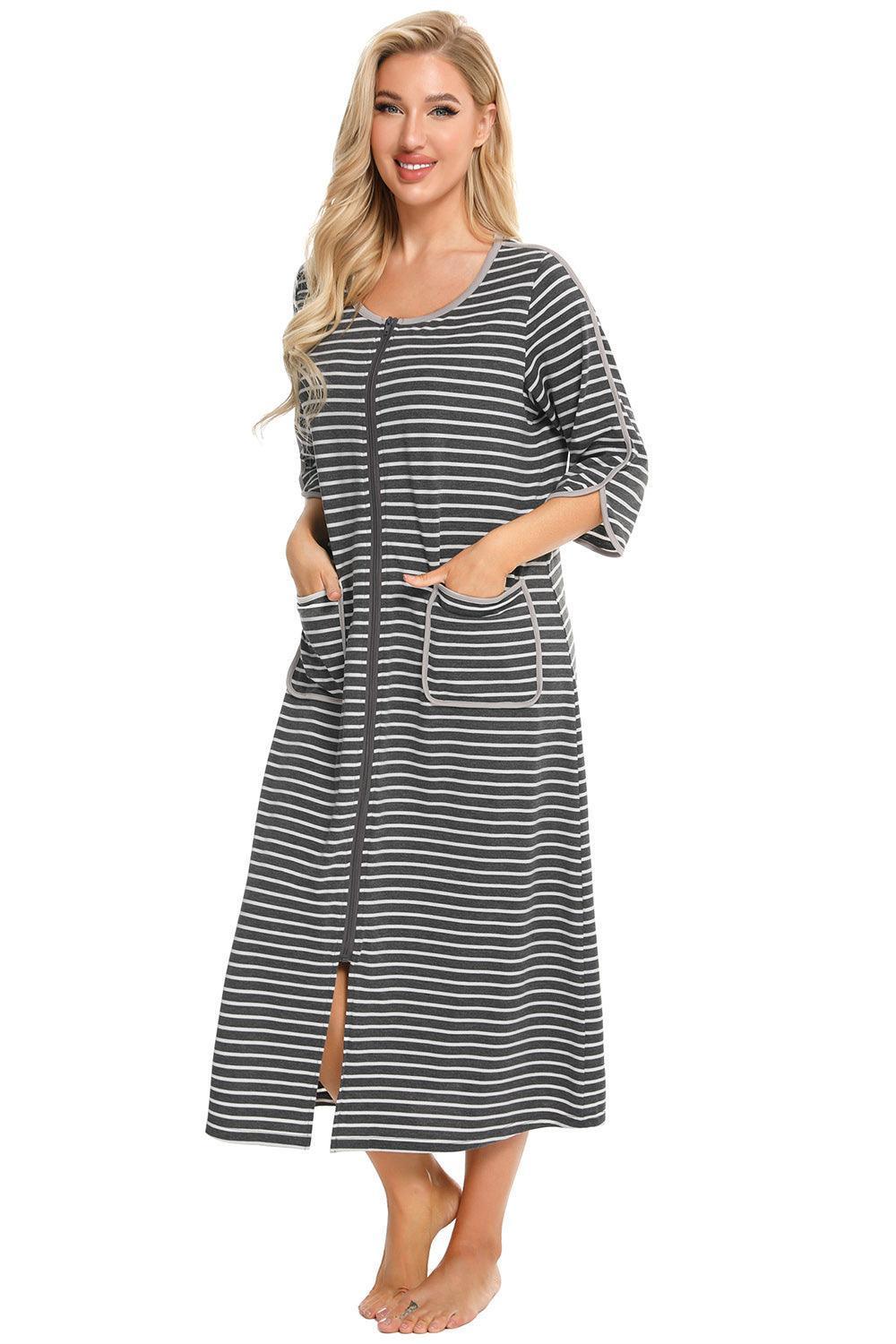 Round Neck Three-Quarter Sleeve Midi Night Dress - ClubOn