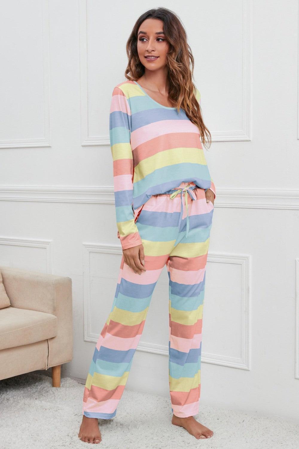 Striped Round Neck Long Sleeve Top and Drawstring Pants Lounge Set - ClubOn