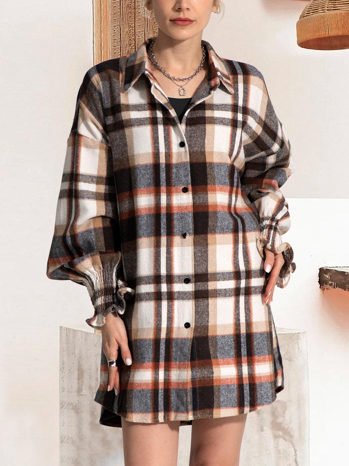 FAM-FAM Button Up Plaid Long Sleeve Shirt Dress - ClubOn