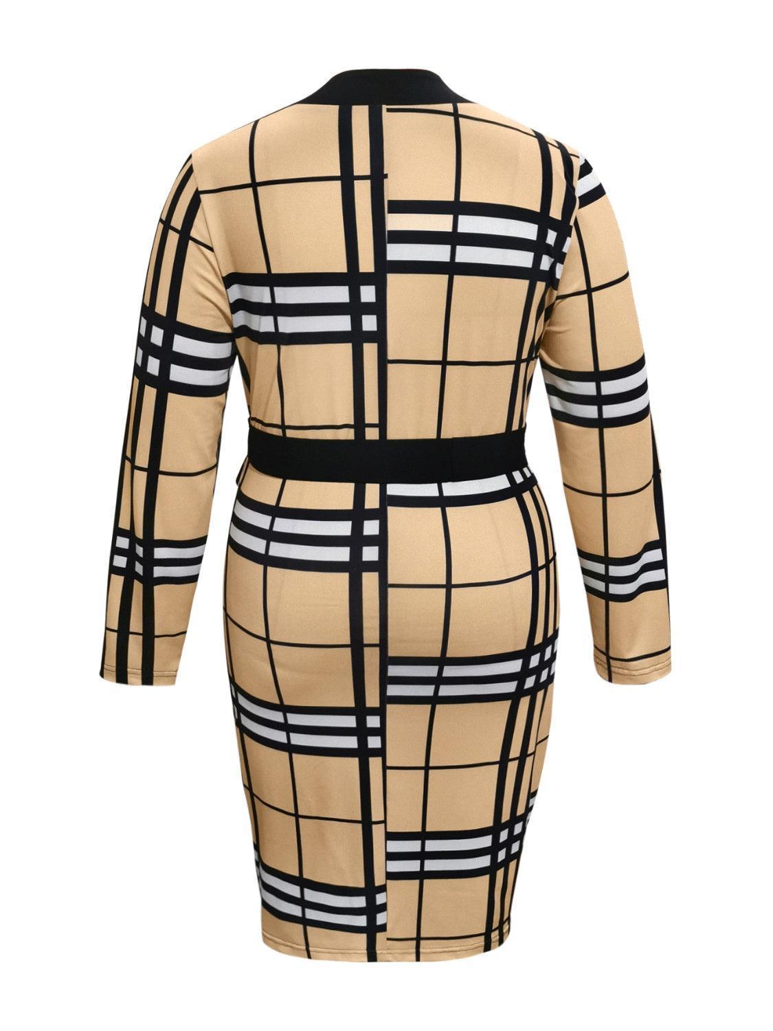 Plus Size Plaid V-Neck Long Sleeve Wrap Dress - ClubOn