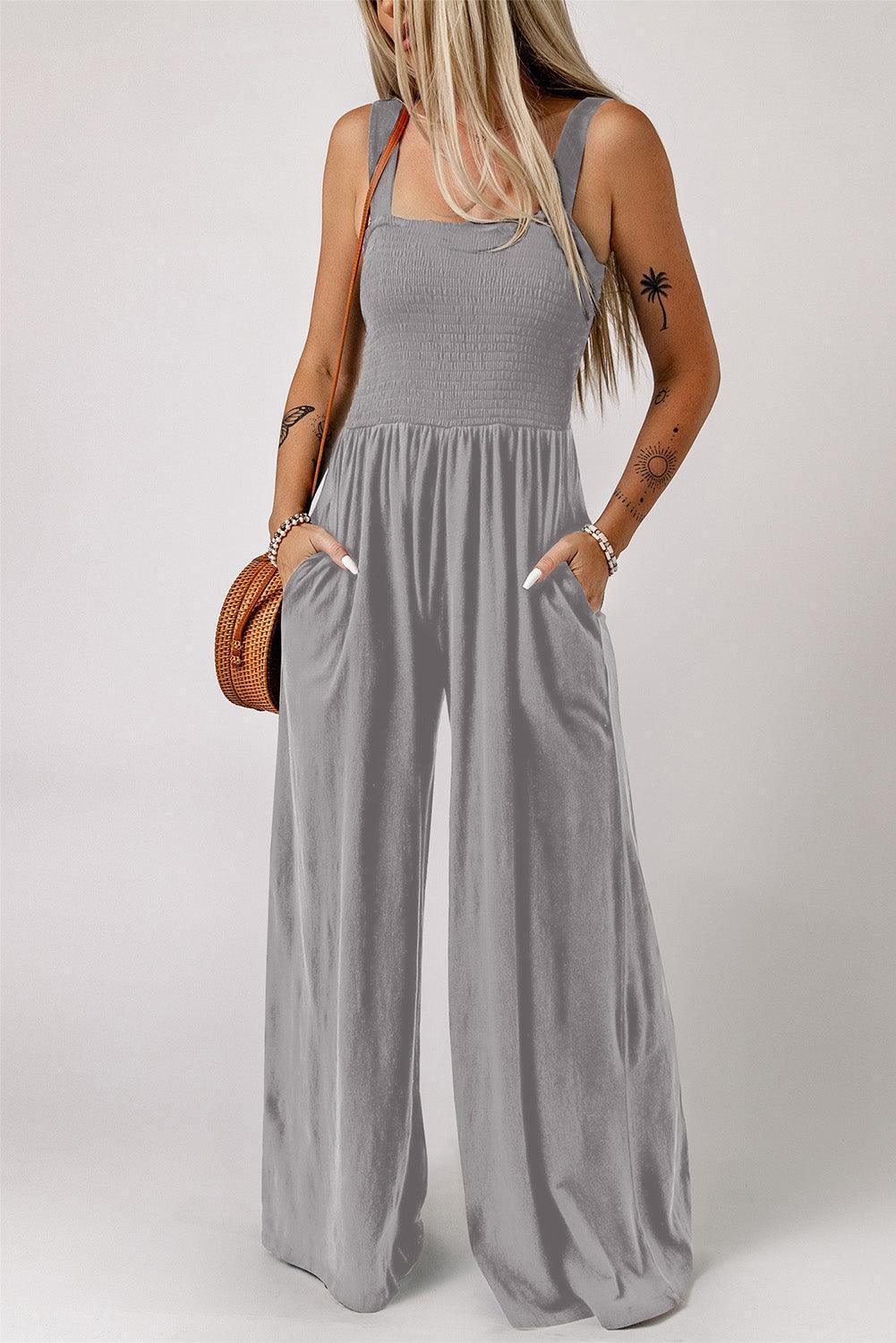 Smocked Square Neck Wide Leg Jumpsuit with Pockets - ClubOn