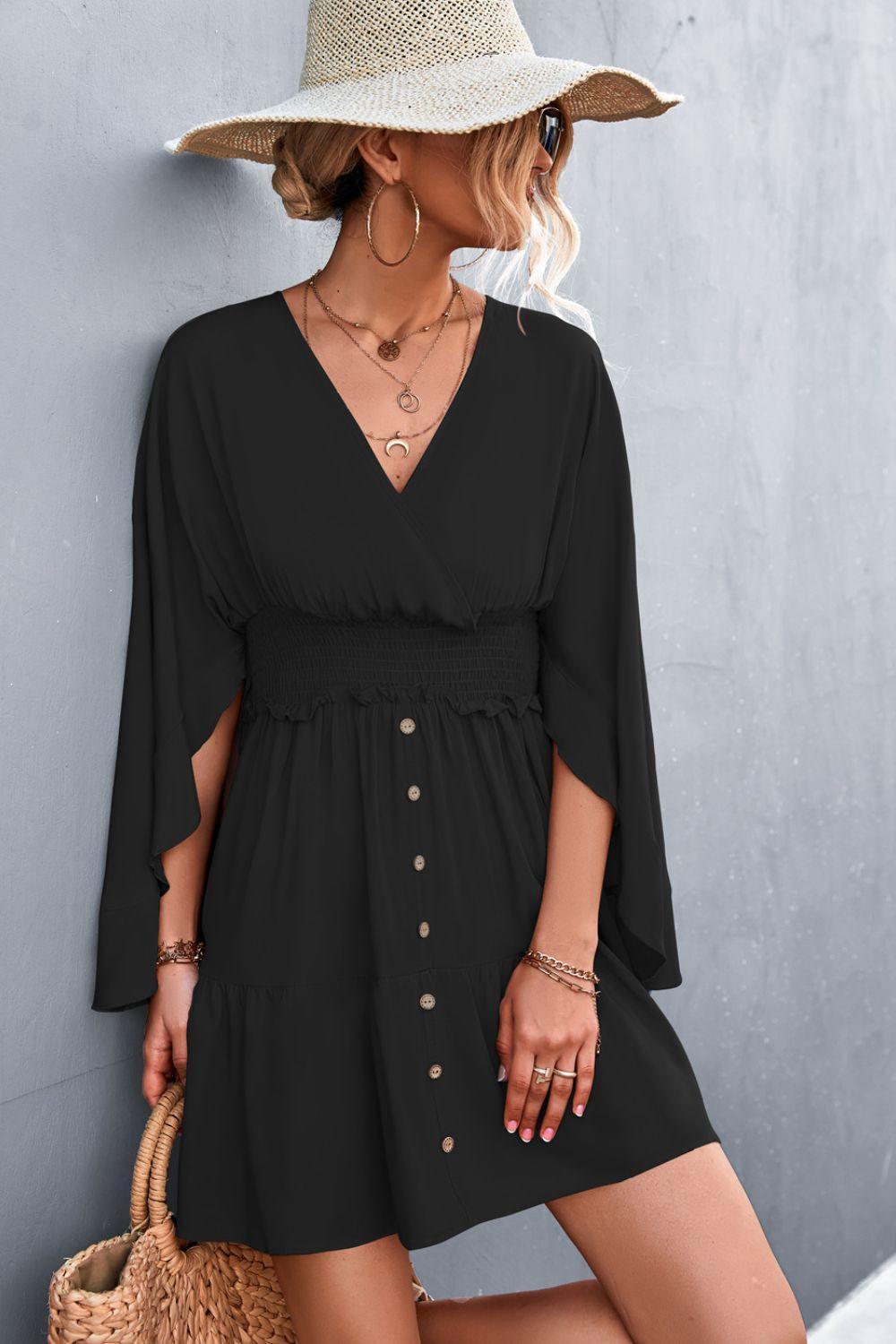 Decorative Button Smocked Waist Surplice Dress - ClubOn