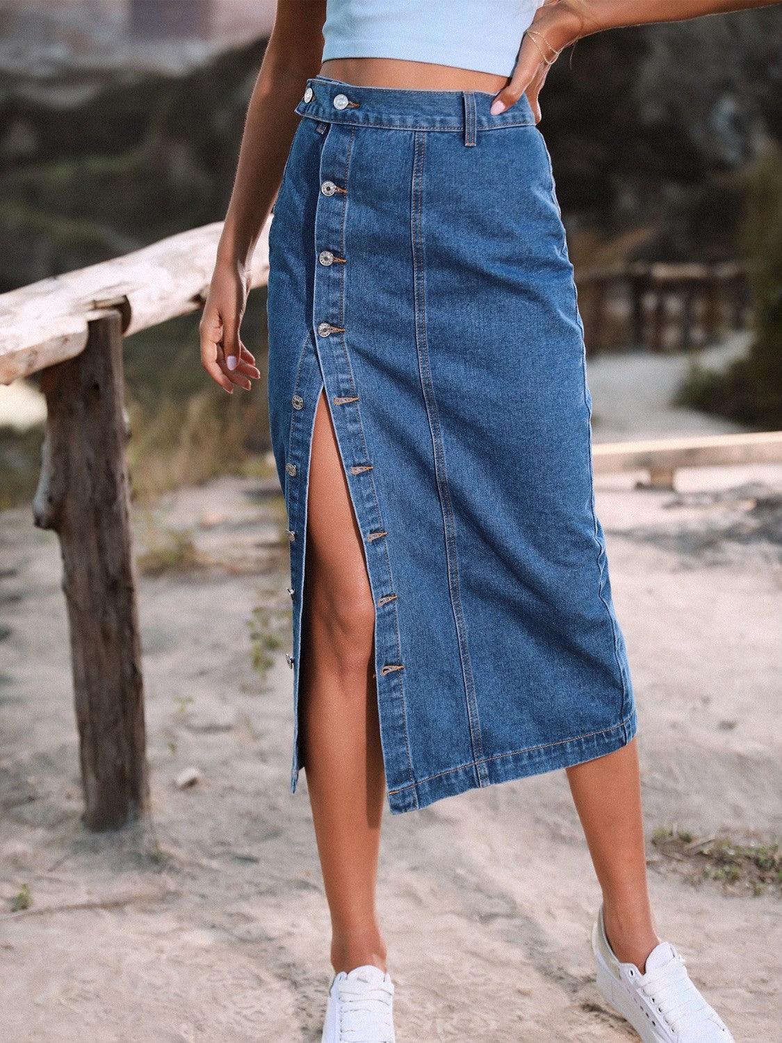 Button Down Denim Skirt - ClubOn