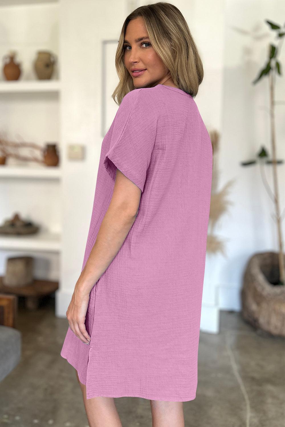 FAM-FAM Slit Notched Short Sleeve Mini Dress - ClubOn