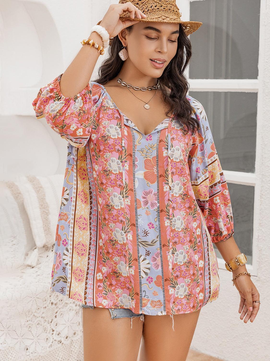 Plus Size Printed Tie Neck Balloon Sleeve Blouse - ClubOn