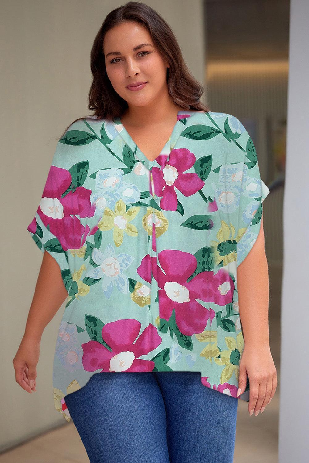 Plus Size Printed Notched Neck Half Sleeve Top - ClubOn