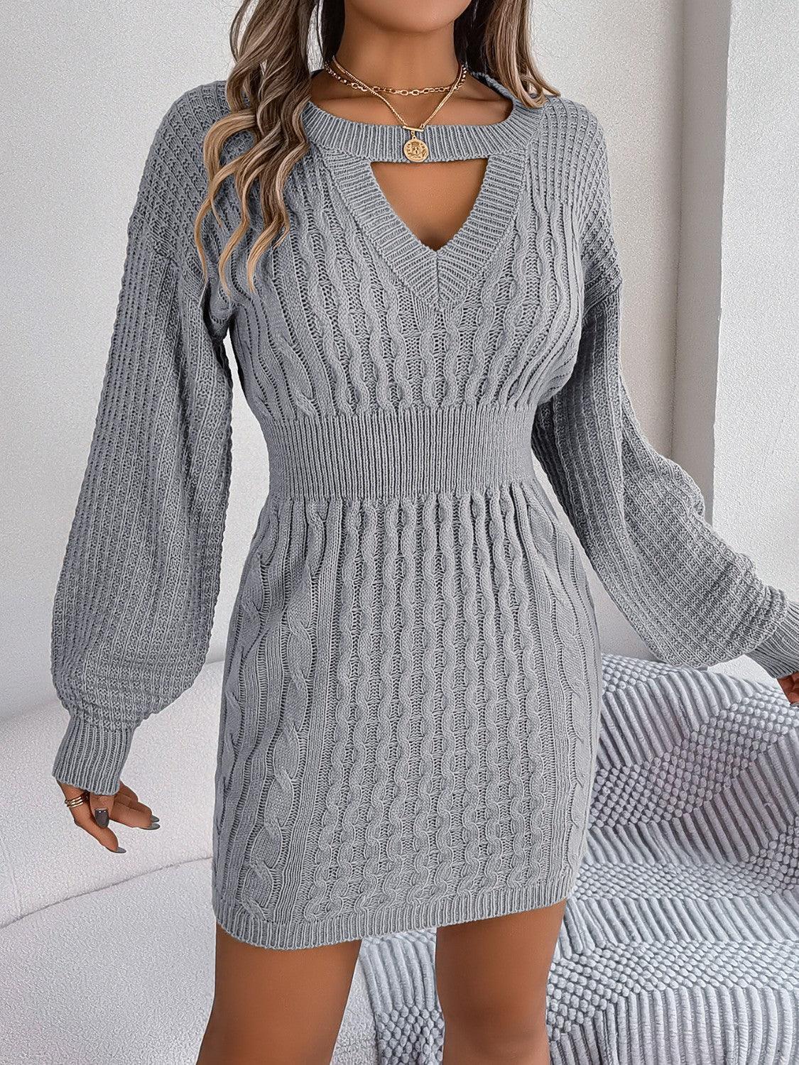 Cable-Knit Cutout Round Neck Slit Sweater Dress - ClubOn